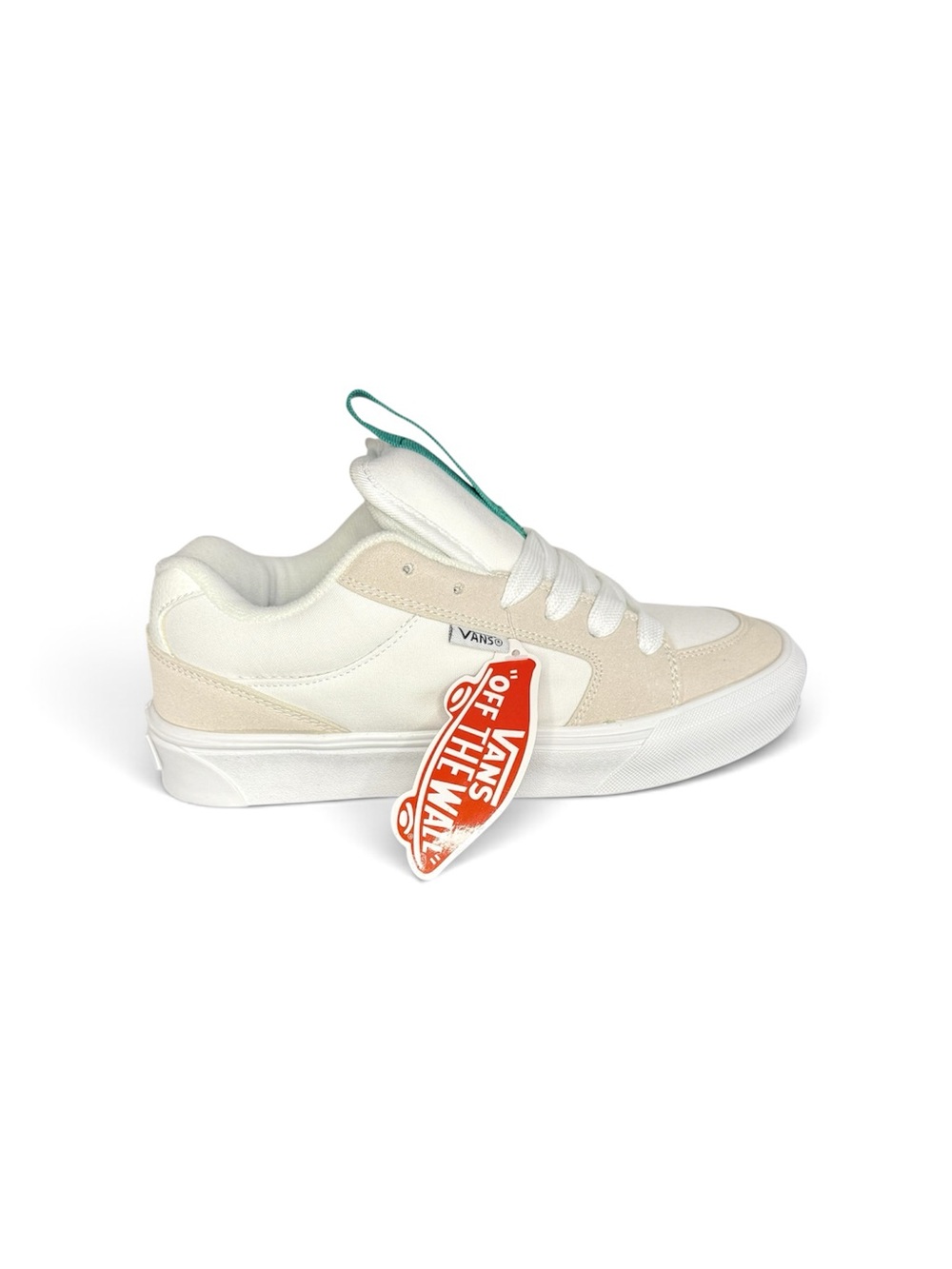 Vans Kids Low-Top Skate Shoe - White & Cream with Teal Pull Tab